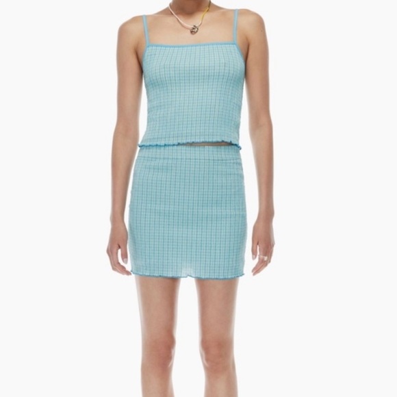 ARITZIA Wilfred Reunion Mini Tube Skirt Blue Green Plaid Seersucker Size Large - Picture 3 of 10